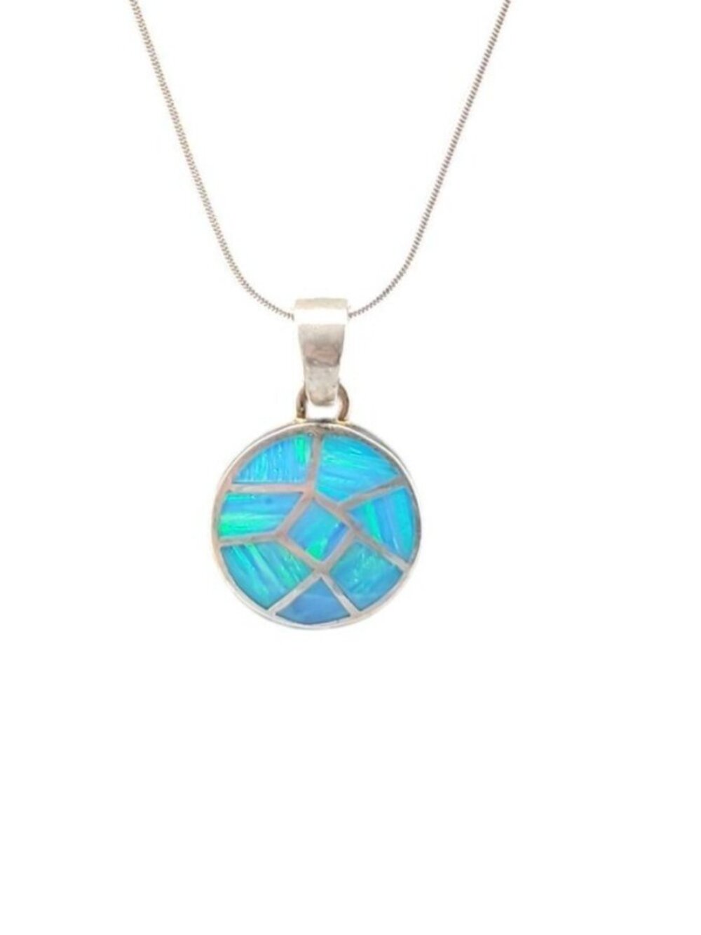 Sterling Silver Inlaid Blue Opal Pendant Necklace 16" Chain Signed ind0925 - Picture 15 of 16